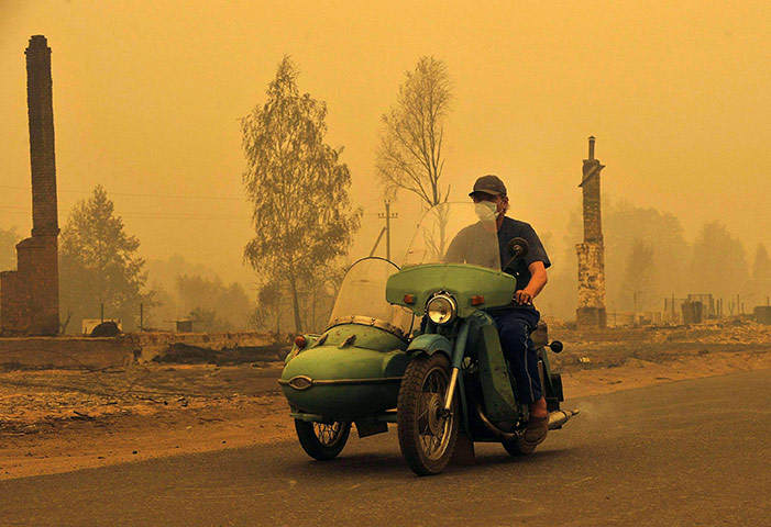 Wildfires in Russia : A man rides a motorcycle past burnt-out houses in the village of Kriusha