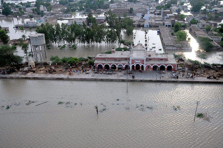 Pakistan aerial: Submerged railway station of Mehmood Kot in southern Punjab province