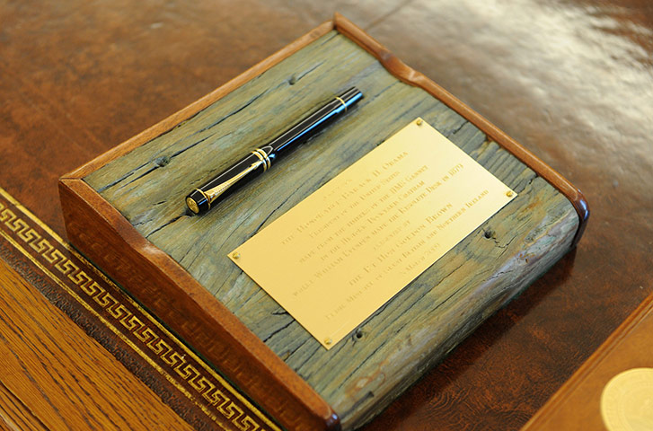 Oval Office redecoration: A pen holder made from the timbers of the Victorian anti-slave ship