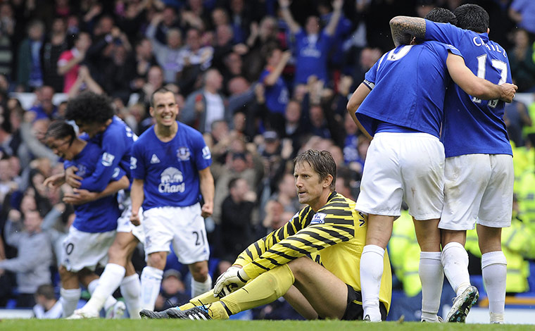 Everton v Man Utd: Everton players celebrate the first goal of the game