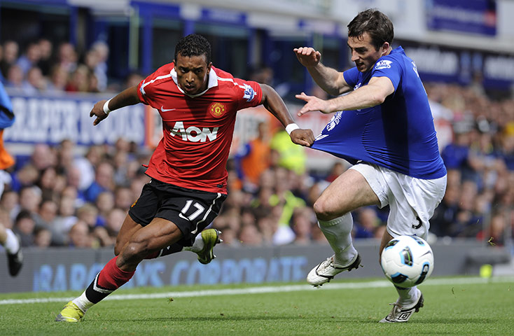 Everton v Man Utd: Nani tugs the shirt of Leighton Baines