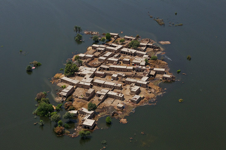 Six weeks later: Pakistan: Village surrounded by flood waters