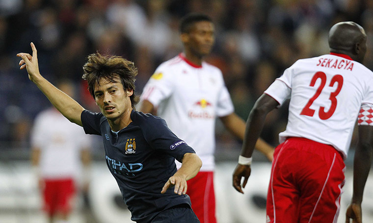 Europa Leagued: David Silva of Manchester City celebrates after scoring