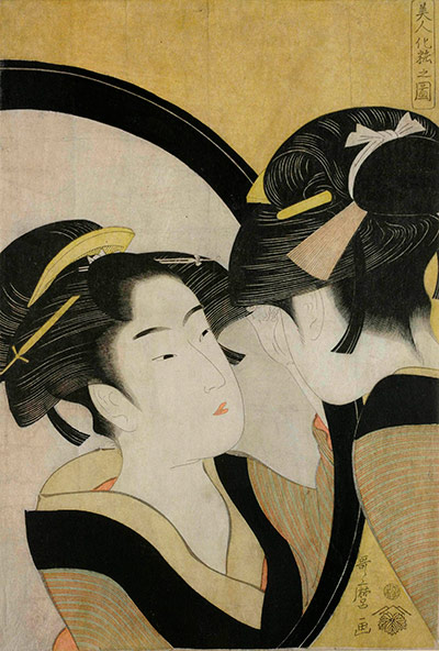 Kitagawa Utamaro: Okita checking her makeup in a full-length mirror by Kitagawa Utamaro