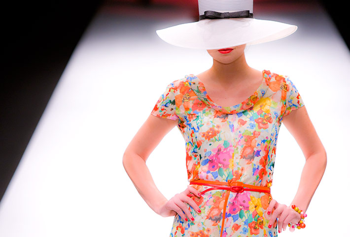 London Fashion Update: A model wears an outfit by designer Caroline Charles 