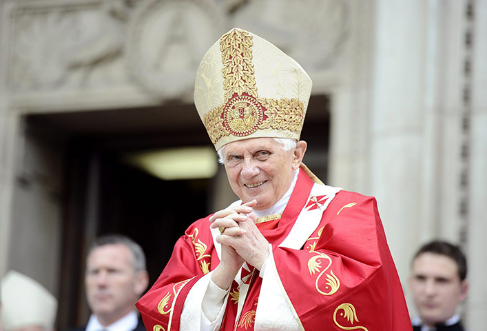 Pope in London: Pope Benedict XVI greets the crowds outside Westminster Cathedral