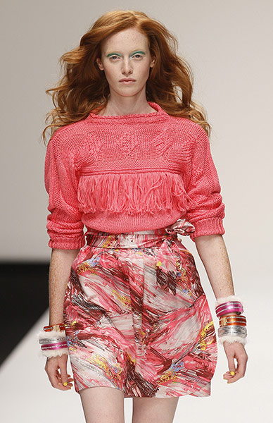 London Fashion Week Day 2: A model wears an outfit by designer Betty Jackson