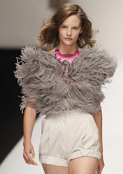 London Fashion Week Day 2: A model wears an outfit by designer Betty Jackson