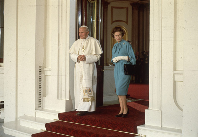 Pope 1982 Visit: Pope John Paul II with Queen Elizabeth II at Buckingham Palace