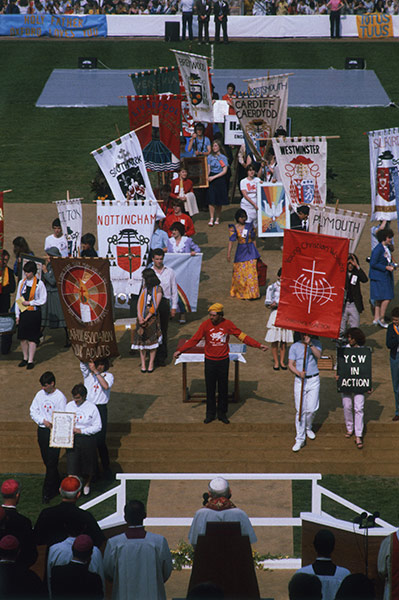 Pope 1982 Visit: Banners During Papal visit to Cardiff, Wales 1982