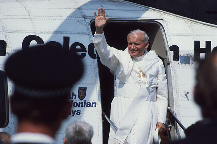 Pope 1982 Visit: Pope John Paul II Waves to the Crowd at Coventry