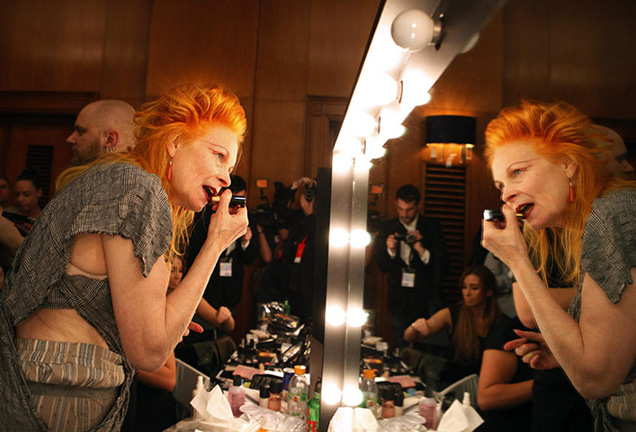 London fashion day 3: Westwood puts on makeup before the presentation of her collection at LFW