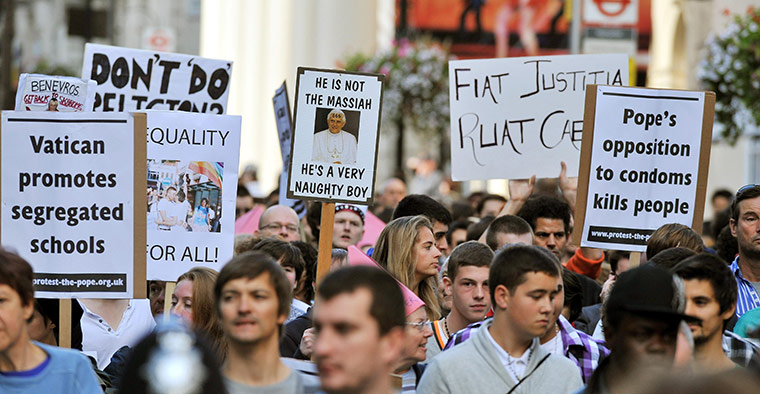 Pope Protestor: Demonstrators during the Protest the Pope march from Hyde Park