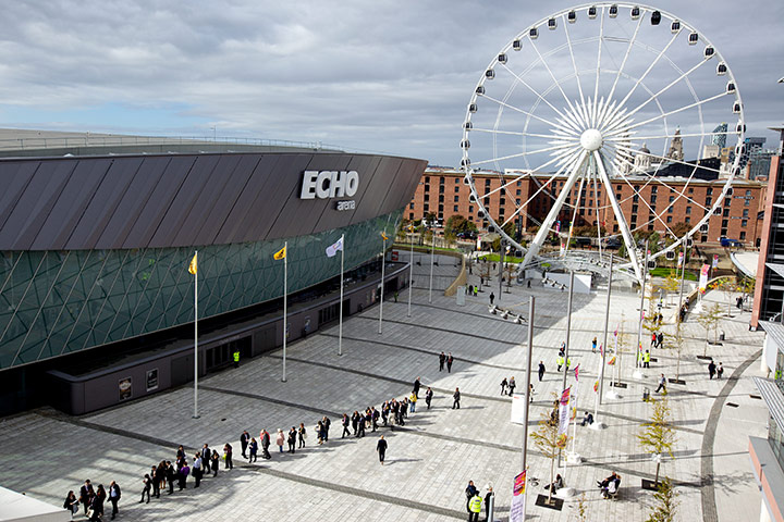 Thomond Liberal Democrats: 20 September:  Delegates queue at the Echo Arena for Nick Clegg's speech