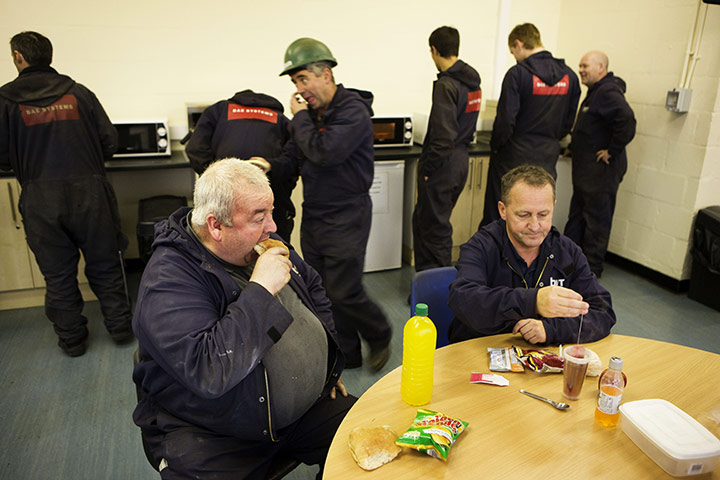 BAE Systems Govan: Shipyard workers eating their lunches in the amenity area lunch rooms