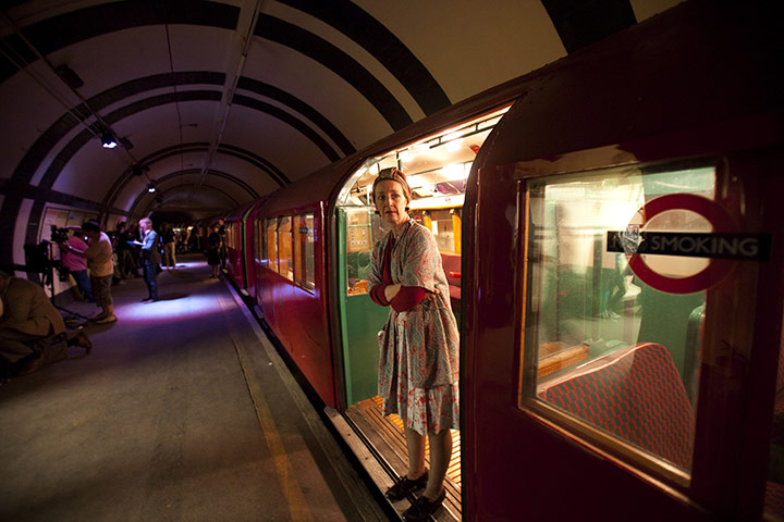 Blitz: Mrs Elsie Jenkins standing at the down of a 2nd world war train