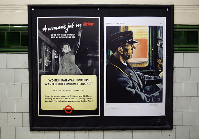 Blitz: War time posters are seen in Aldwych Underground station in London