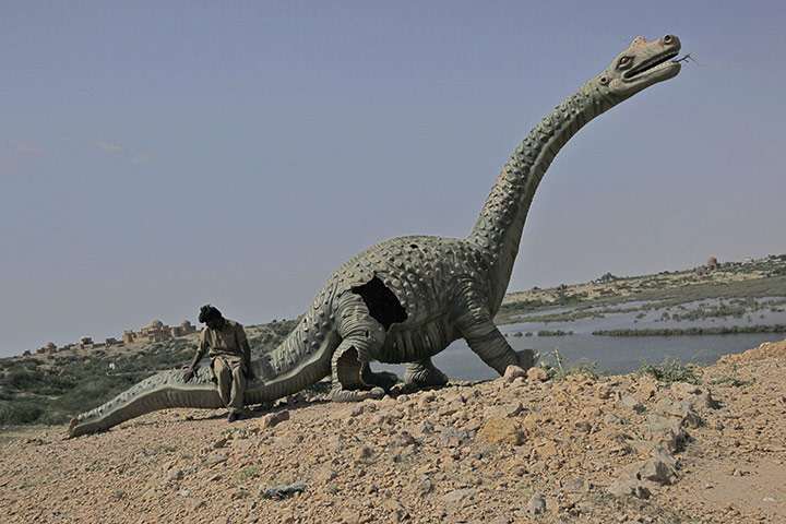 24 Hours: A man who survived floods on a dinosaur model in a flooded area in Pakistan