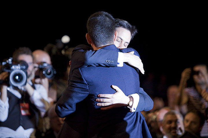Labour party conference: Ed Miliband hugs his brother David Miliband