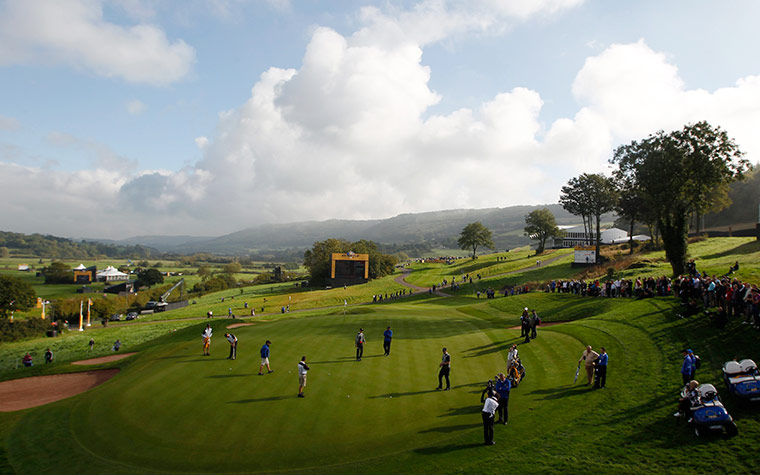 golf2: Players from the European teamup at Celtic Manor in Newport, south Wales