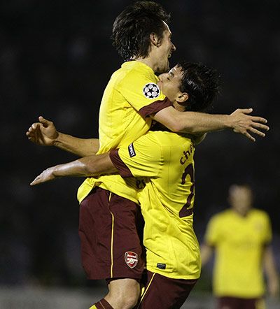 Champions League: Arsenal's Chamakh celebrates after scoring against Partizan Belgrade