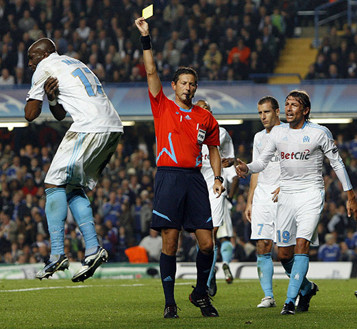 Champions League: Marseille's Stephane Mbia shows his disappointment at conceding a penalty 