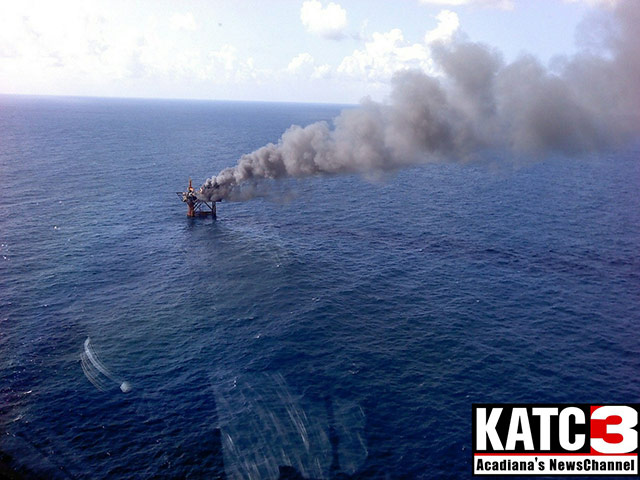 Oil Platform Explosion: An offshore oil platform burns in the Gulf of Mexico