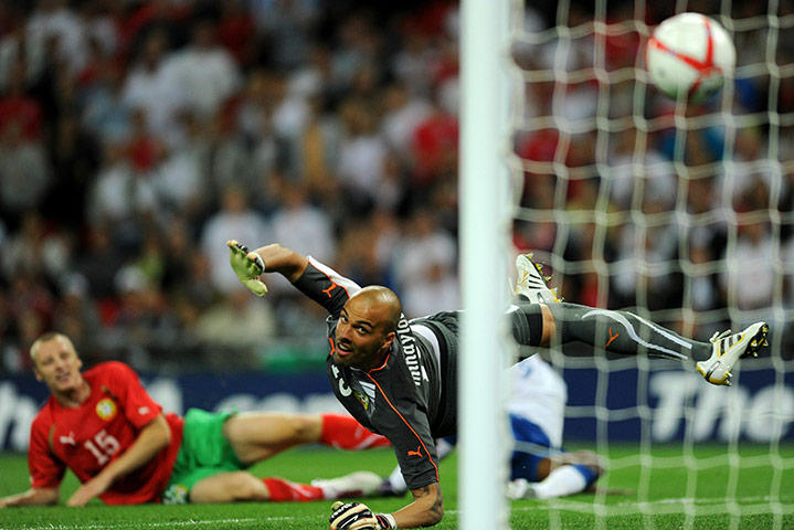 England v Bulgaria: Bulgaria's goalkeeper Nikolay Mihaylov watches the ball go into the net
