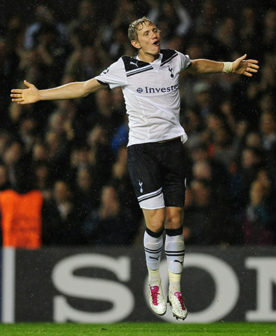 Champs League Wed: Roman Pavlyuchenko of Tottenham celebrates after scoring his second penalty