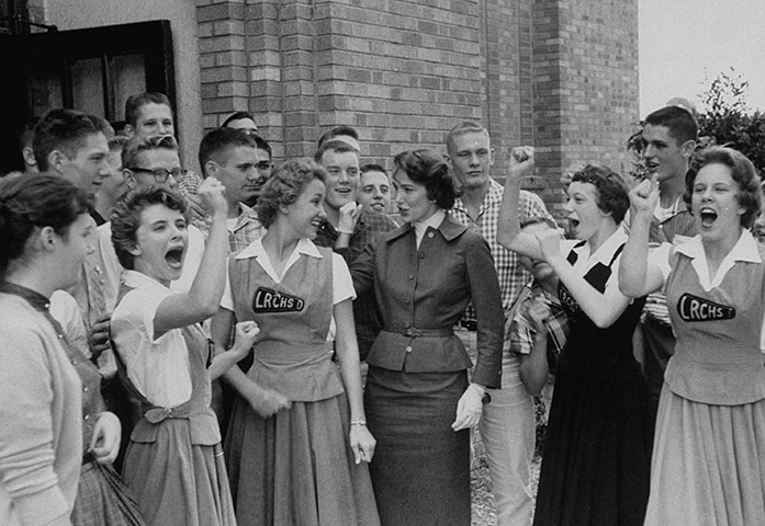 Little Rock: White students in front of high school in little rock