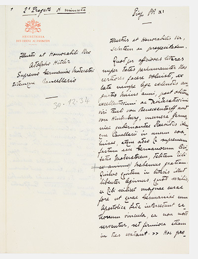 Secret Archives Vatican: Letter of Pius XI to Hitler, 1934