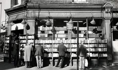 men outside book shop