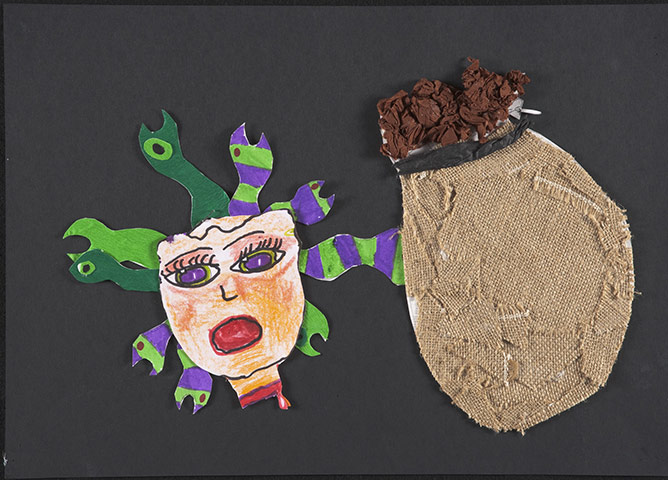 Art Into Literacy: A child's colllage of a woman's head and bag