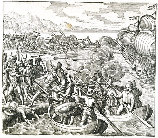 History of Haity: Engraving of the Spanish Battling Against Haitians by Theodor de Bry