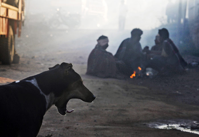 24 hours in pictures: Workers warm their hands around a fire in Hyderabad, India