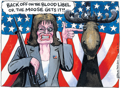 Steve Bell cartoon - Back Off On the Blood Libel Or the Moose Gets It!!