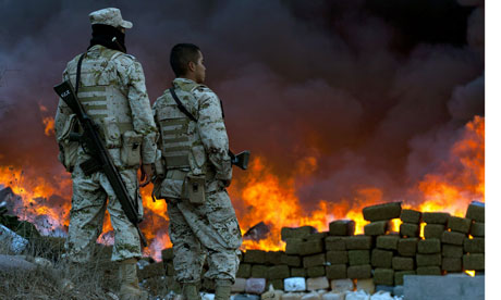 Soldiers watch tonnes of marijuana burn in Tijuana