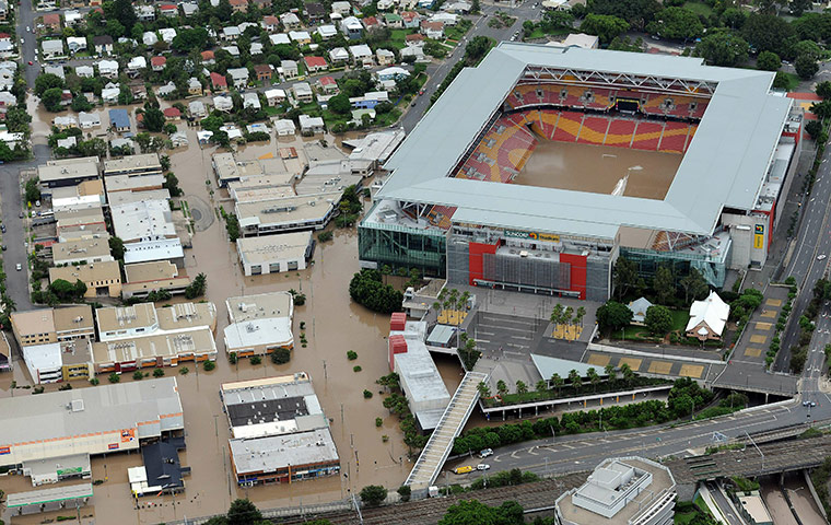 Aerials Brisbane floods: The Suncorp Stadium filled water from the Brisbane River