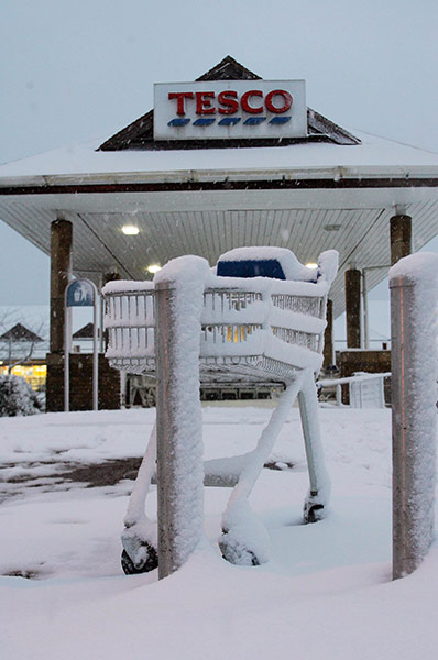 Week in business: Tesco shopping trolley in Friern Barnet in snow 