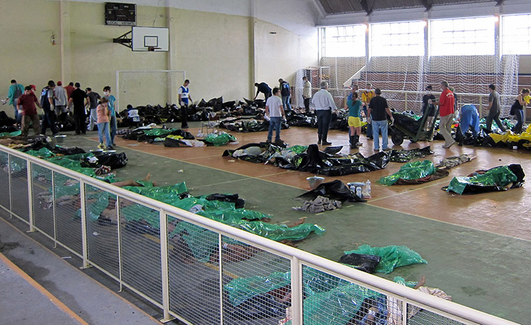 brazil mudslide aftermath: bodies of victims at a gym in Nova Friburgo 