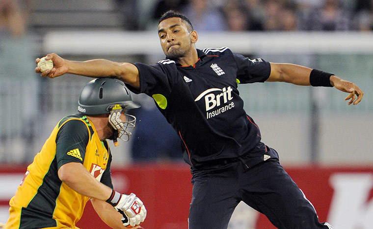 England World Cup Squad: England's Ajmal Shahzad fields the ball above Australia's Aaron Finch