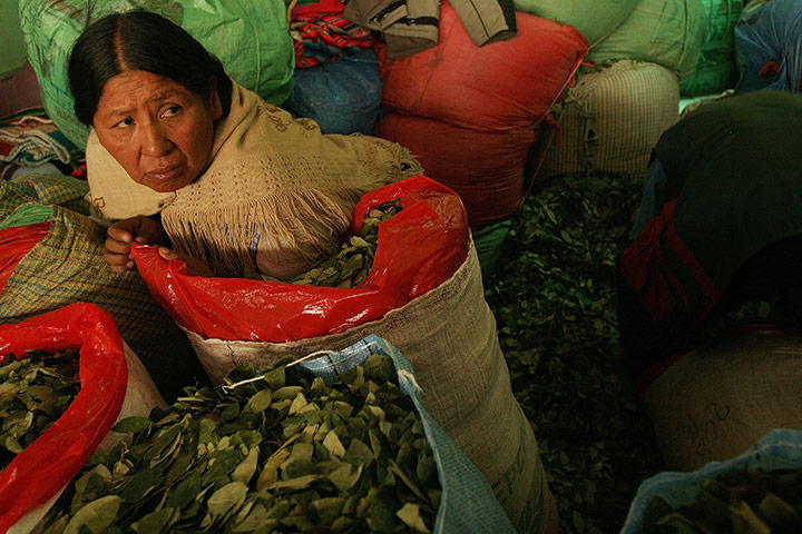 Coca products: A Bolivian coca leaf producer waits for customers 