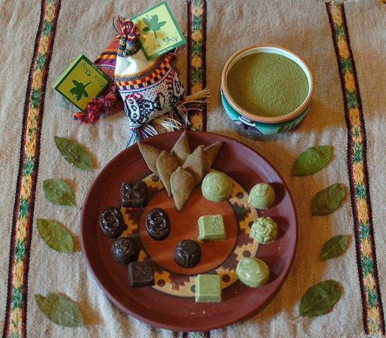 Coca products: Chocolates, cookies and a bowl of flour made with coca leaves