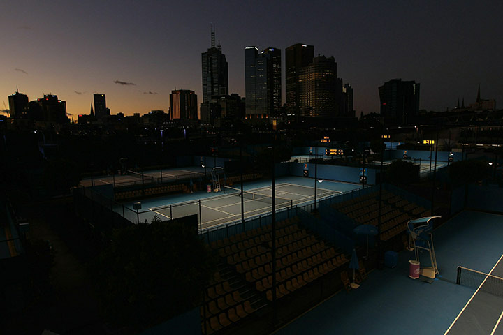Australian Open Day 3: General view of the outside courts and the Melbourne skyline
