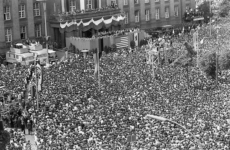 JFK Anniversary: John F. Kennedy addressing the crowd in front of Schoeneberg city hall