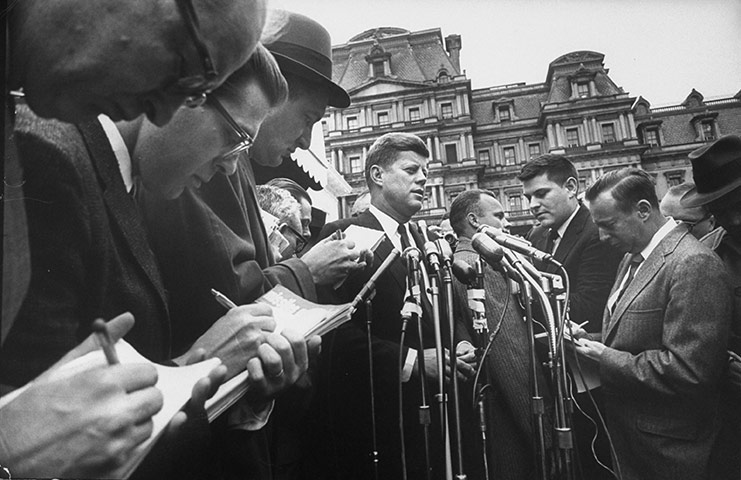 JFK Anniversary: President-elect John F. Kennedy talking to newsmen