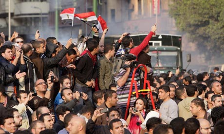 Egyptians protest in central Cairo, Egypt, on 25 January 2011.