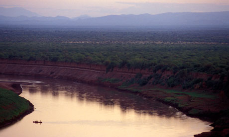 Dugout canoe of the Karo tribe crossing the Omo River, Ethiopia.