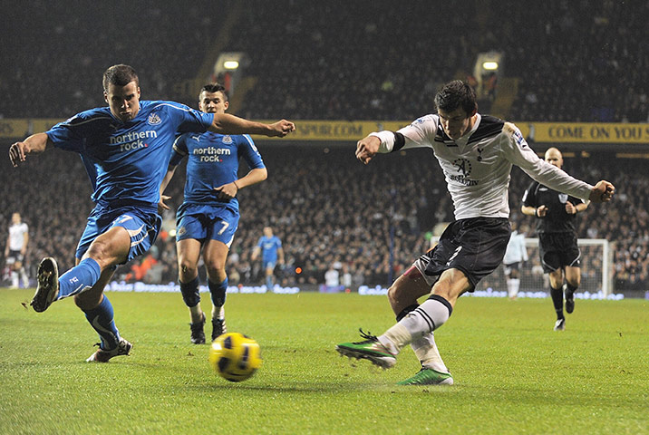 Gareth Bale Year: Gareth Bale of Tottenham Hotspur shoots to score against Newcastle United