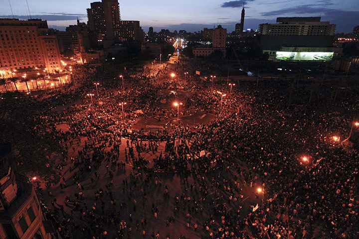 Egypt uprising: A huge crowd of anti-government protesters in Tahrir Square at nightfall